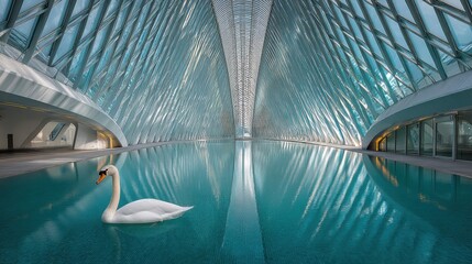Elegant swan gliding across a reflective indoor swimming pool in a modern glass atrium