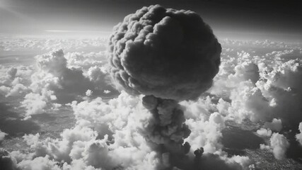 Monochromatic depiction of a mushroom cloud formation amidst a sky filled with clouds - Powered by Adobe