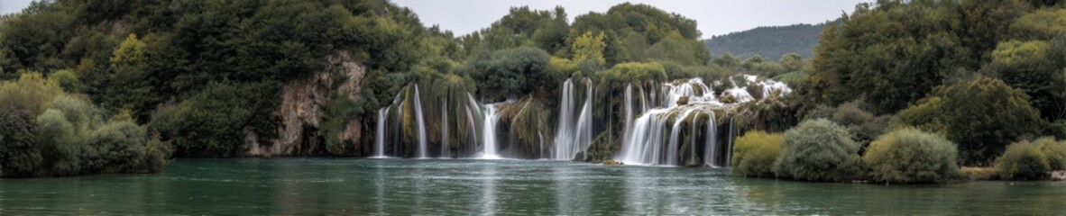 Fototapeta premium Epic waterfall panorama featuring multiple cascades framed by lush greenery in vibrant detail