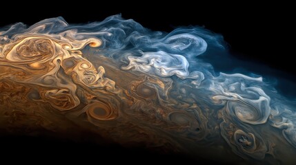 Ethereal close-up of swirling ammonia clouds forming bands around Jupiterâ€™s equator at dawn