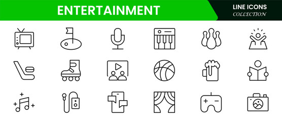Vibrant vector web line icons showcasing entertainment, movies, music, games, and digital platforms for immersive and joyful leisure experiences.