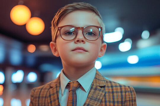 Generative AI portrait of a young boy in a formal business suit with glasses and a professional expression