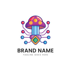 A vibrant, stylized mushroom logo featuring a colorful cap and circuit-like elements, blending nature with technology in a playful design.