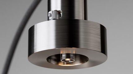Close-up of a modern stainless steel light fixture with a circular design element