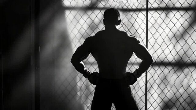Silhouette of muscular fighter standing powerfully in a smoky cage arena background