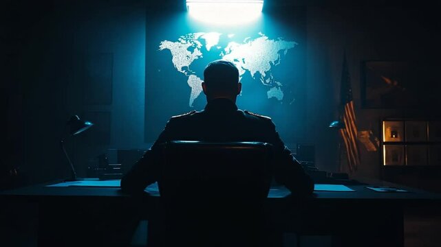 General Planning Military Strategy with World Map in Dark Command Center Ambience