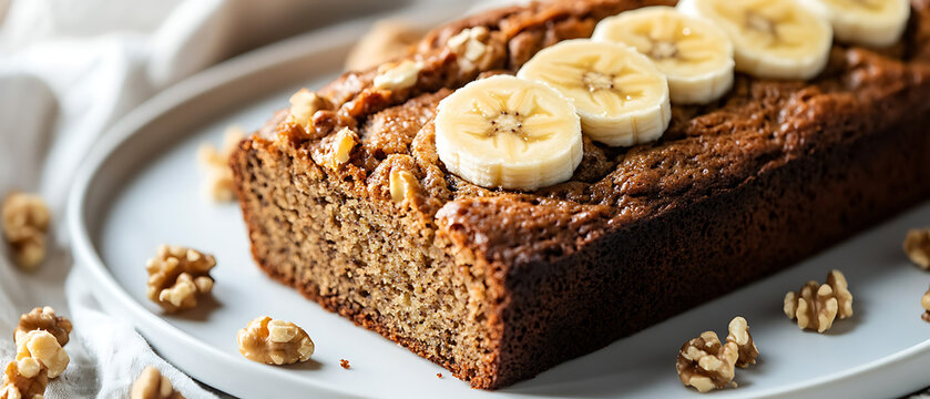 Freshly Baked Banana Bread Topped with Sliced Bananas and Walnuts
