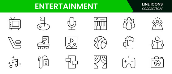 Vibrant vector web line icons showcasing entertainment, movies, music, games, and digital platforms for immersive and joyful leisure experiences.