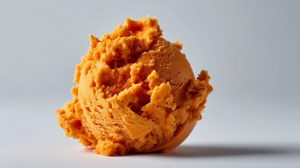 Delicious orange ice cream scoop, close-up studio shot on white backdrop