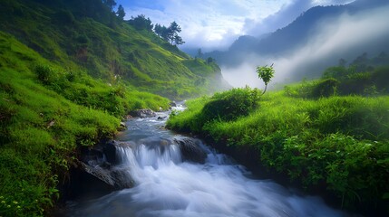 Wide shot of a mountain stream flowing through a lush Bhutanese valley