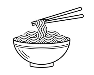 Stylized line art illustration of noodles being lifted with chopsticks from a bowl