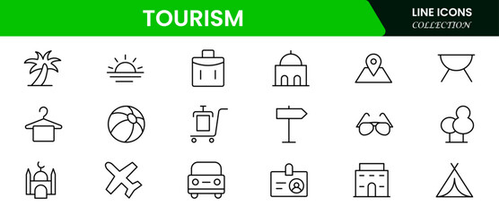 Vibrant vector web line icons depicting tourism, travel, landmarks, maps, and cultural adventures for memorable global exploration experiences.