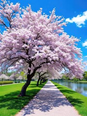 Fototapeta premium Pink cherry blossoms bloom on trees in a spring park landscape