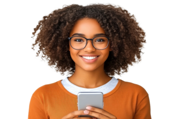 Smiling young woman using smartphone with curly hair and glasses in casual sweater, conveying confidence and approachability in vibrant indoor setting