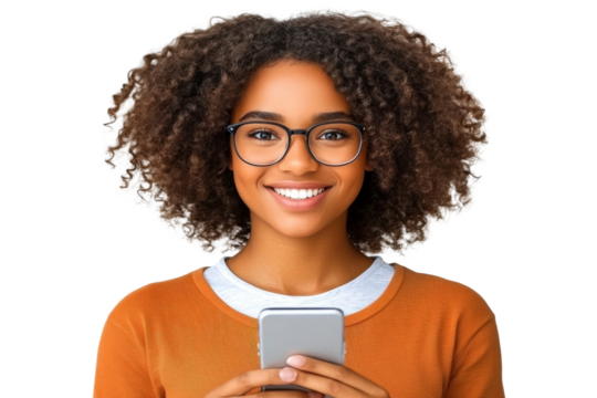 Smiling young woman using smartphone with curly hair and glasses in casual sweater, conveying confidence and approachability in vibrant indoor setting