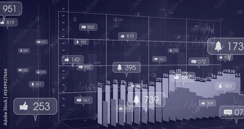 Poster dark blue 3d grid appearing, icons emerging, bars rising and collapsing while visualizing metrics