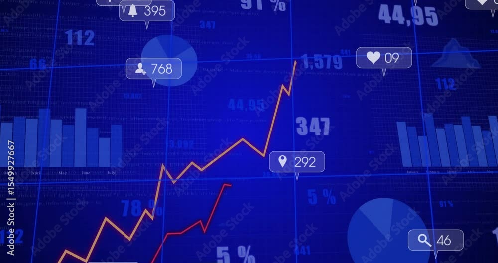 Poster animated flat dashboard loading line graphs climbing and showing social engagement metrics