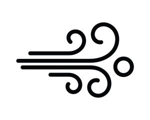 Stylized black graphic representation of wind blowing with swirling lines and a circle