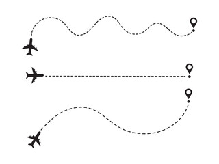 Airplane line paths icon set. Airplane with dotted line route. air plane flight route with start point and dash dotted line trace. race point to finish isolated on white background.