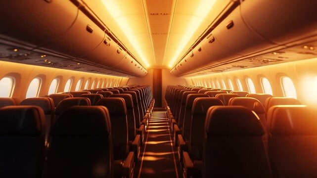 Immersive view inside empty passenger airplane cabin with warm interior lighting