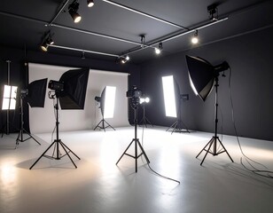 Professional studio with lighting equipment. Realistic setup for photography