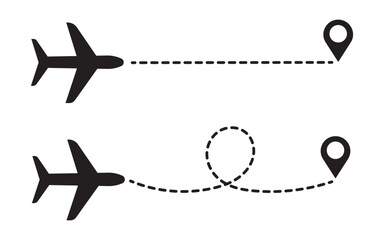Airplane line paths icon set. Airplane with dotted line route. air plane flight route with start point and dash dotted line trace. race point to finish isolated on white background.