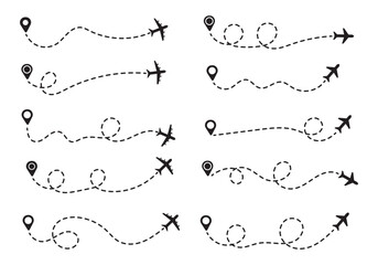 Airplane line paths icon set. Airplane with dotted line route. air plane flight route with start point and dash dotted line trace. race point to finish isolated on white background.