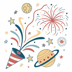 Space Celebration with Fireworks and Planets – Flat Vector Illustration
