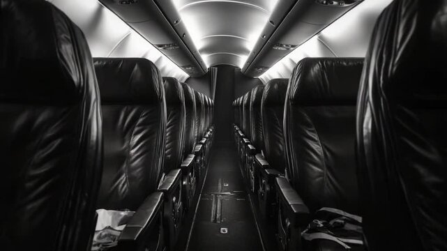 Elegant monochrome shot inside a private jet cabin showcasing black leather seating, luxury travel