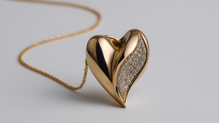 Elegant Gold Heart Pendant Necklace Adorned with Sparkling Diamonds on White Backdrop