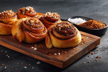 Freshly Baked Cinnamon Rolls Topped with Nuts and Coconut on a Wooden Board