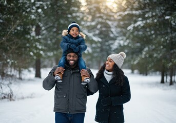 A joyful african american family enjoys a winter day in a snowy forest.