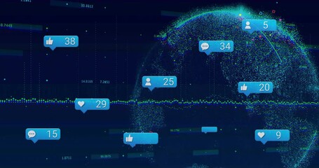 Speech bubbles fading in starting icons accumulating and globe rotating to show growing engagement - Powered by Adobe