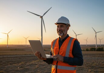 Engineer assessing wind turbines with a laptop at sunset, promoting renewable energy.