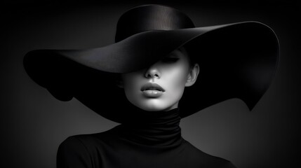 Elegant woman in black hat posing in the studio in black and white theme