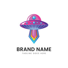 A vibrant illustration of a colorful UFO with a sleek design featuring pink and purple hues, set against a clean, white background, evoking a sense of wonder and imagination.