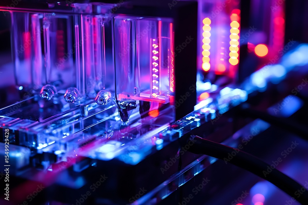 Poster quantum-assisted dna sequencing machines with flashing neon code streams and glass interfaces