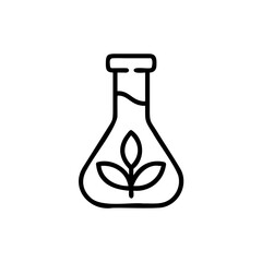 Handdrawn Line Art Erlenmeyer Flask with Three Leaves Inside Representing Organic or Natural Product