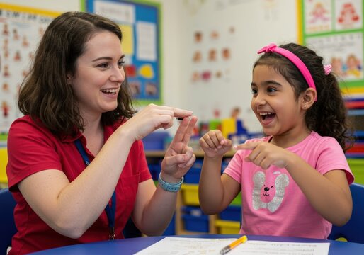 A teacher helps a young girl learn to count in a bright classroom setting, they both smile.