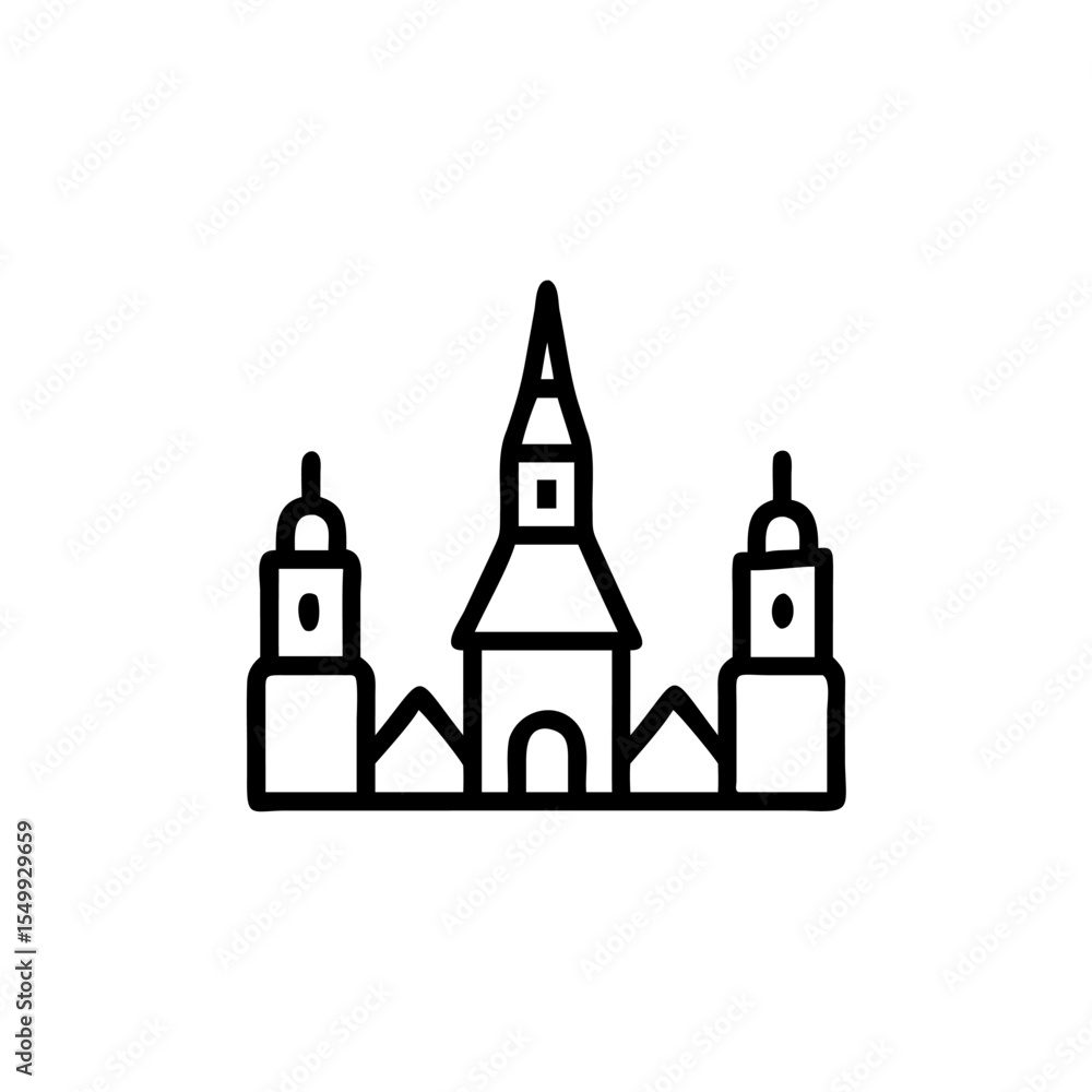 Poster handdrawn line art of a three towered building with a tall central spire lineart