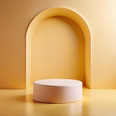 Minimalist Pastel Yellow Studio Product Display: Cylindrical Podium in Archway Niche