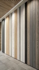 Fototapeta premium Modern interior with colorful wood paneling on wall and wood ceiling