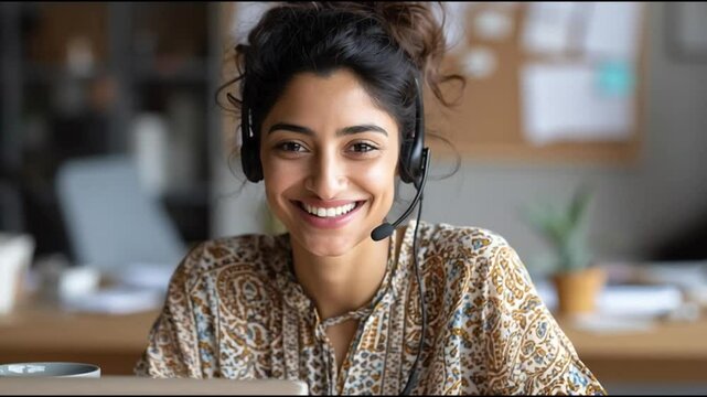 Smiling Customer Service Agent: A friendly and approachable customer service representative with a warm smile, wearing a headset, looks directly at the camera, ready to assist. - Powered by Adobe