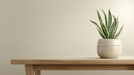 Interior mockup of a snake plant in a ceramic pot on a minimalist office desk with blank space for text and softly blurred background