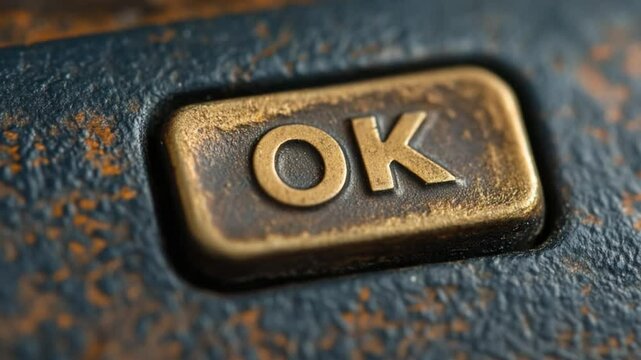 Macro shot of an antique button with the word OK engraved, vintage and aged