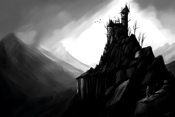 Monochrome castle perched upon mountain range