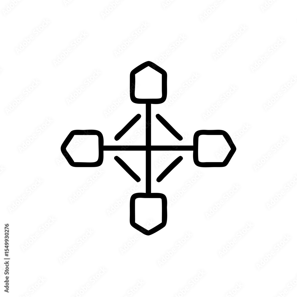 Poster handdrawn line art geometric network icon four nodes centralized connection vector