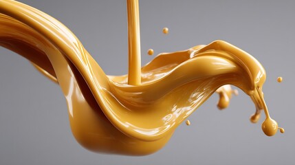 Golden liquid motion: A dynamic splash of smooth caramel against gray backdrop