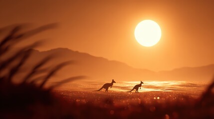 Kangaroo pair hopping across red Australian outback, softly blurred desert backdrop under bright midday sun