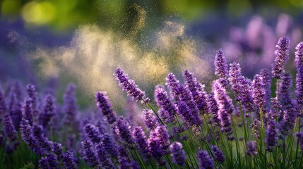 Obraz premium Lavender pollen cloud drifting on softly blurred field backdrop